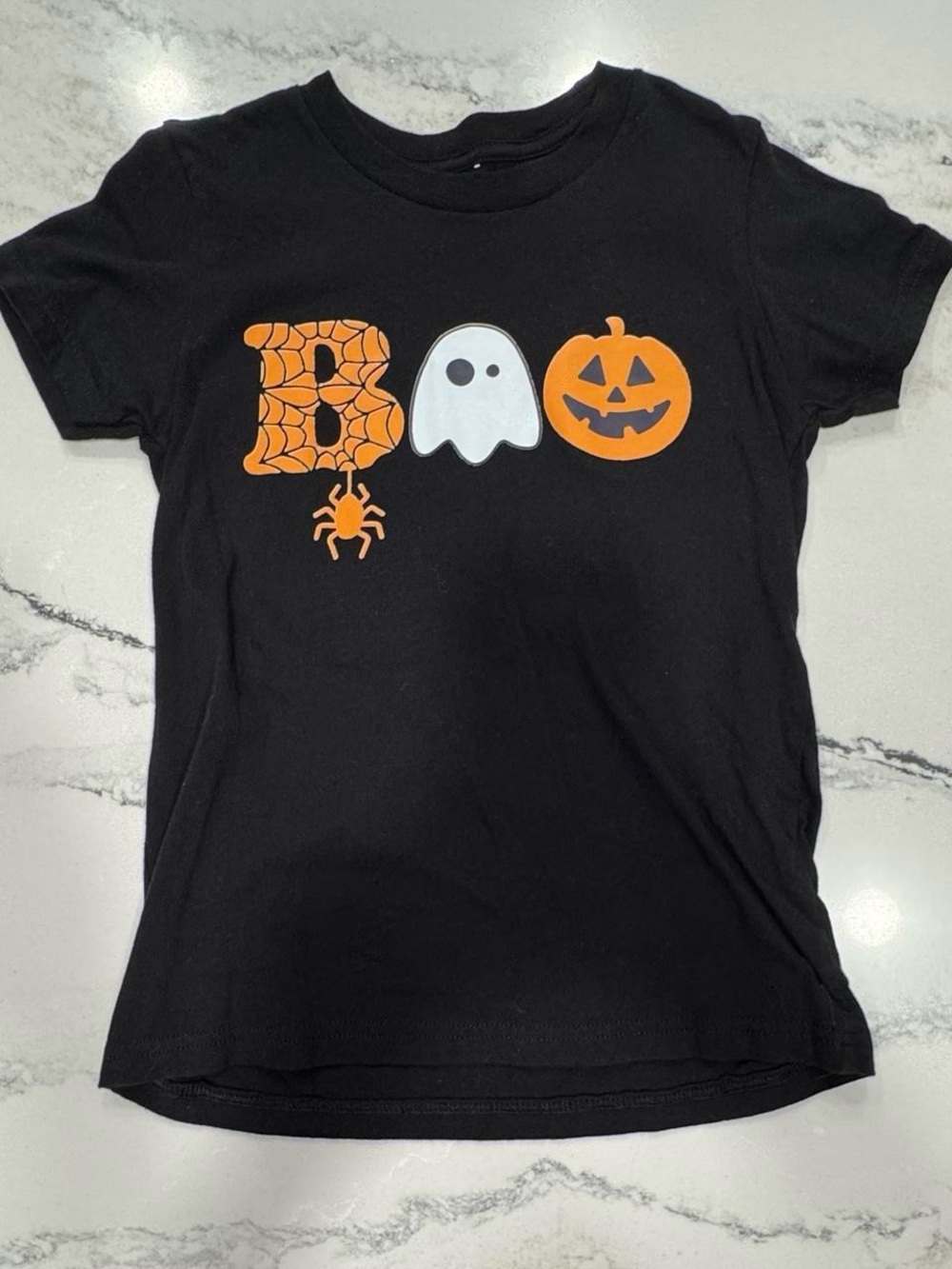 Kids Black 'Boo' Halloween Tee with Orange Pumpkin & White Ghost
